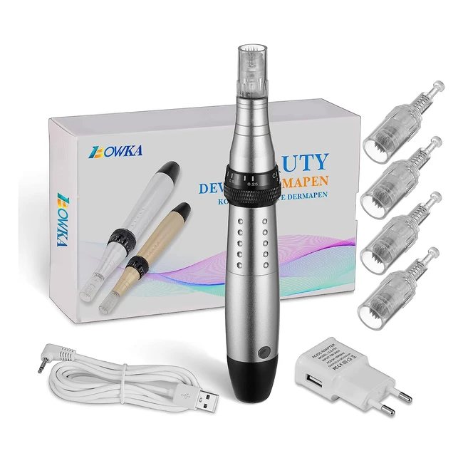 Bowka Profesional Eléctrico Derma Pen Facial - Cabezales Arrugas Estrías Cicatriz de Acné Pérdida de Cabello - 4 Módulos de Aguja Estériles 0.25mm a 2.0mm Plata
