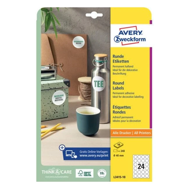 Etichette rotonde Avery Zweckform L341510 - 240 adesivi su 10 fogli - 40mm - Colore bianco