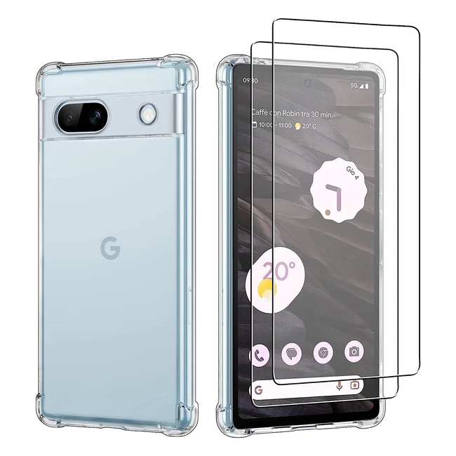 iCatchy Shockproof Transparent Case for Google Pixel 7a with 2-Pack Tempered Glass Screen Protector