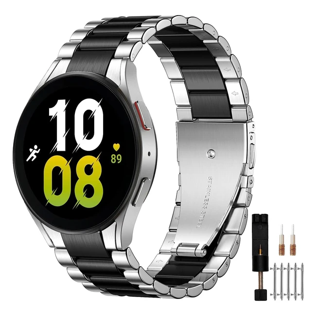 Mastten No Gap Strap for Samsung Galaxy Watch 5 Pro - Stainless Steel Metal Replacement Band - Compatible with Galaxy Watch 4 Classic - Black/Silver