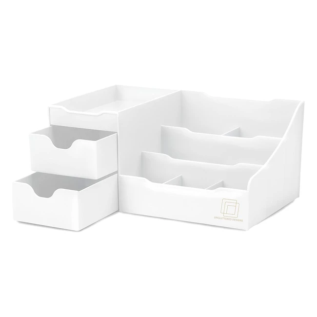 Uncluttered Designs Makeup Organizer with Drawers - Modern Countertop Storage for Cosmetics - Chic Vanity Holder - White