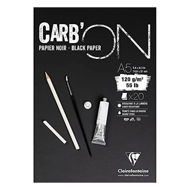 Clairefontaine 975038C Blocco Collato Carbon 20 Fogli Carta da Disegno Nera A5 148x21 cm 120g - Ideale per Disegno e Schizzo a Matita o Marker Bianco