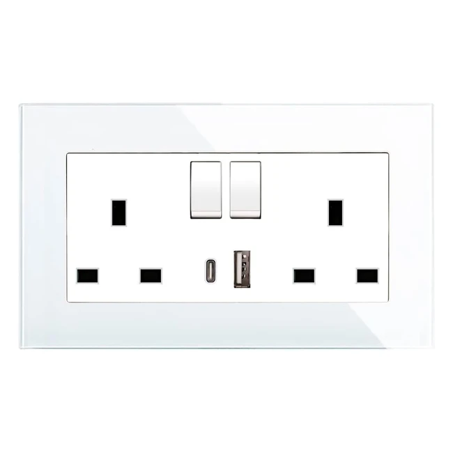 CNBingo Glass Double Switched Socket with USB-A and Type-C Charging Ports - Output 2.1A - White Crystal Glass Panel - Wall Outlet - 2 Gang 13 Amp Electric Power Socket