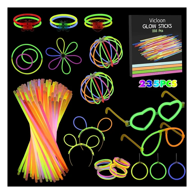 Vicloon Glow Sticks 235 Pcs - Premium Neon Necklaces with Heart Shaped Glasses