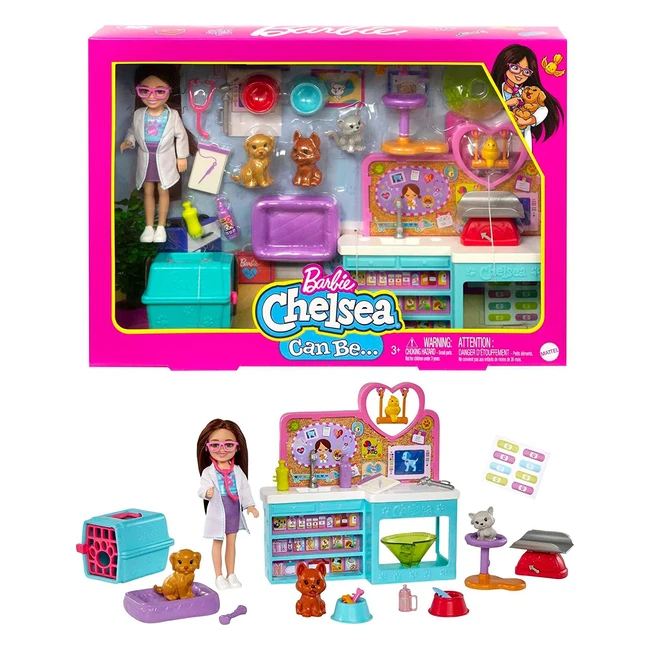 Coffret Barbie Chelsea Vétérinaire - Poupée Brune + 4 Figurines Animaux + 18 Accessoires - Jouet Enfant