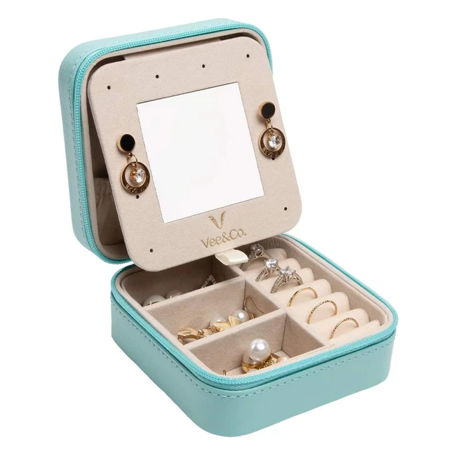 Vee Small Travel Jewelry Box Organizer - Rings Earrings Necklace - Mirror - Gift for Girls Women