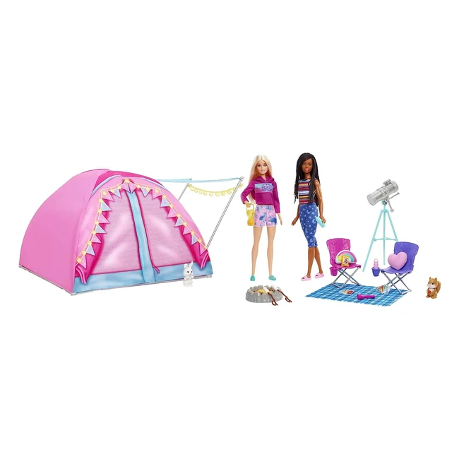Barbie HGC18 Abenteuer zu zweit Campingspielset mit Zelt 2 Barbiepuppen und 20 