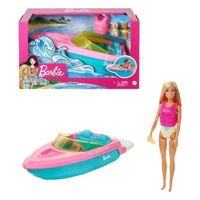 Barbie Speedboat Set - Barbiepuppe mit blonden Haaren, rosa Schwimmweste, Barbie Boot, Barbie Welpe, Barbie Zubehör - Geschenke für Kinder ab 3 Jahren