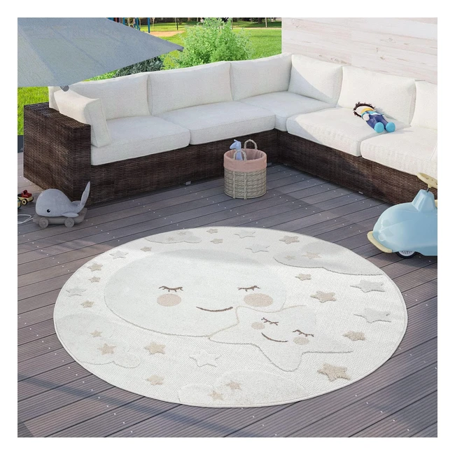 Tapis chambre enfant rond, motif lune et étoiles, 160 cm, couleur crème