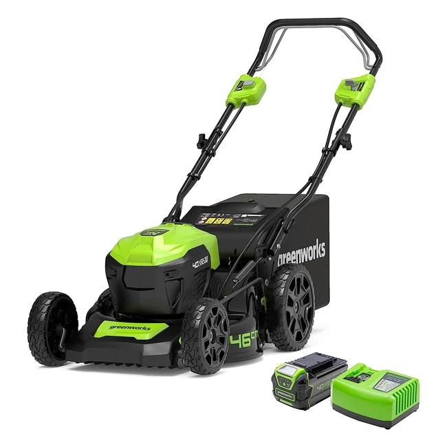Greenworks Akkurasenmäher 40V 46cm inkl. Akku 4Ah und Schnell-Ladegerät - Bis 600m² selbstfahrend, mulchen, seitenauswurf, 55L, 7-stufige Schnitthöhenverstellung