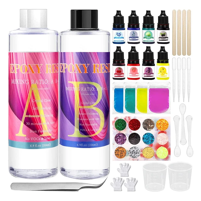Kit Resina Epossidica Trasparente McNory 400ml - Completo con Colori e Glitter - Per Gioielli Fai da Te