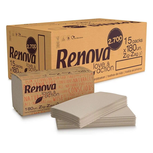 Renova Asciugamani Zigzag Loveaction 15 Confezioni da 180 Pezzi 2700 Pezzi Carta Kraft Ecologica 2 Strati