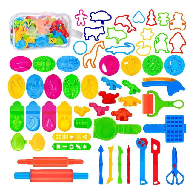 Kids Dough Play Tools Set - 57 Pack Playdough Cutters Kit with Storage Bag - Clay Accessories with Rolling Pins - Toy Gift for Toddlers