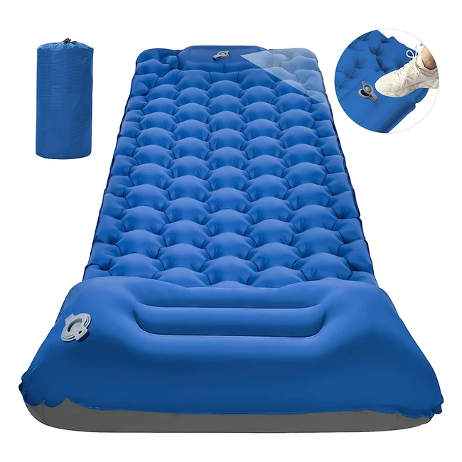Inflatable Sleeping Camping Mat with Foot Pump - Ultralight, Waterproof, Leakproof - Portable Air Pad for Backpacking, Camping, Travel - Blue