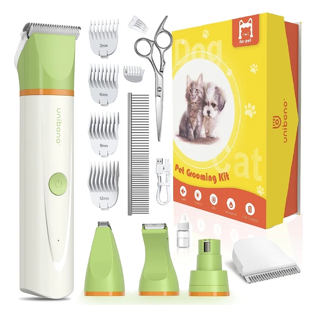 Unibono Tosaerba per Cani e Gatti Kit Rasoio Elettrico per Animali Domestici con 4 Testine di Taglio Incluso Smerigliatrice per Unghie Ricaricabile Impermeabile