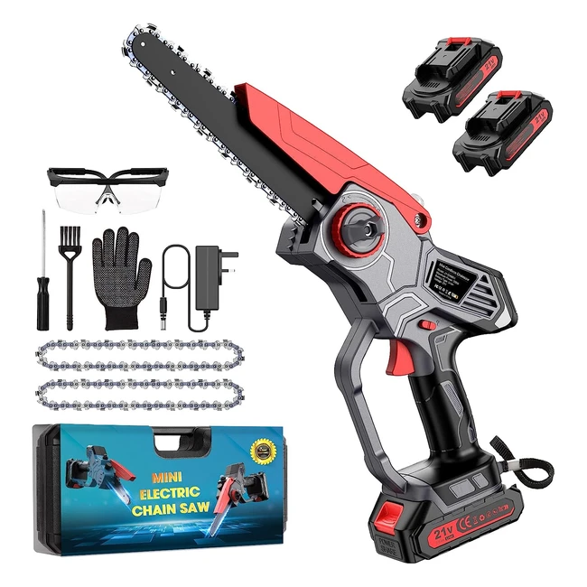 8 inch Cordless Electric Chainsaw with Battery - Mini Chainsaw for Pruning Trees and Branches - 2 Batteries, 2 Chains