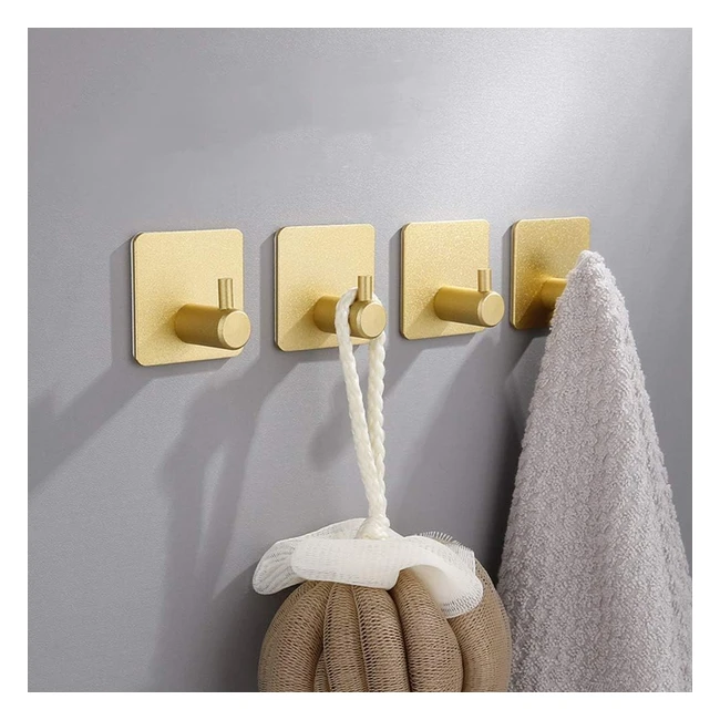 Lackingone 4 Pcs Self Adhesive Hooks - Gold Stainless Steel - No Drilling - Holds up to 5kg - Easy Installation