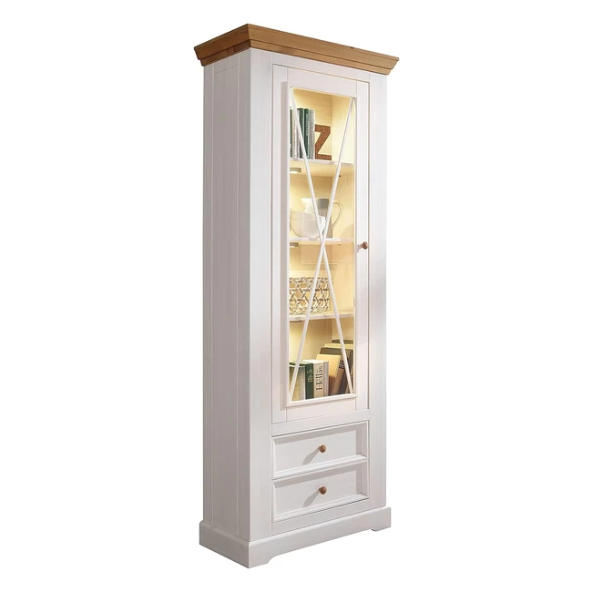 Woodroom Oslo Vitrine Holz Weiß Schmal | 79x214x42cm | Glastür | 2 Schubladen | Eichefarbiger Kranz