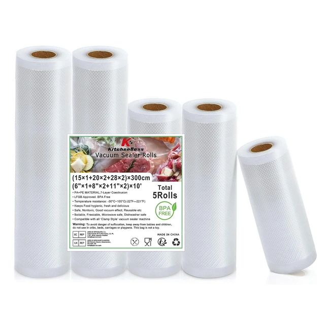 Bolsas Vacío Alimentos KitchenBoss - Set de 5 Rollos 15x300cm, 20x300cm, 28x300cm
