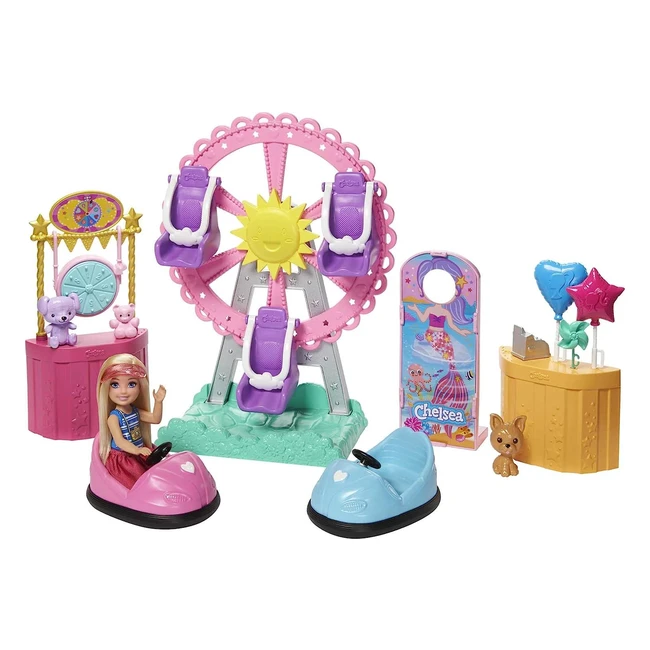 Barbie GHV82 Chelsea Fairground Playset mit Puppe 15 cm blond, Mode und Zubehör, mit Riesenrad, Auto, Roller, Hund und mehr, Spielzeuggeschenk für Kinder von 3 bis 7 Jahren
