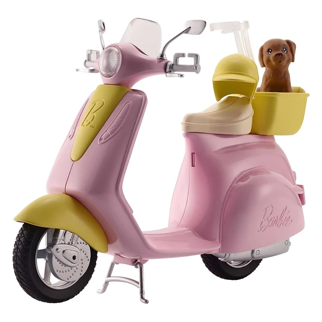 Barbie Motorroller Gelb/Rosa Moped mit Zubehör - Helm, Korb und Hündchen - Bewegliche Räder - Geschenk für Kinder ab 3 Jahren