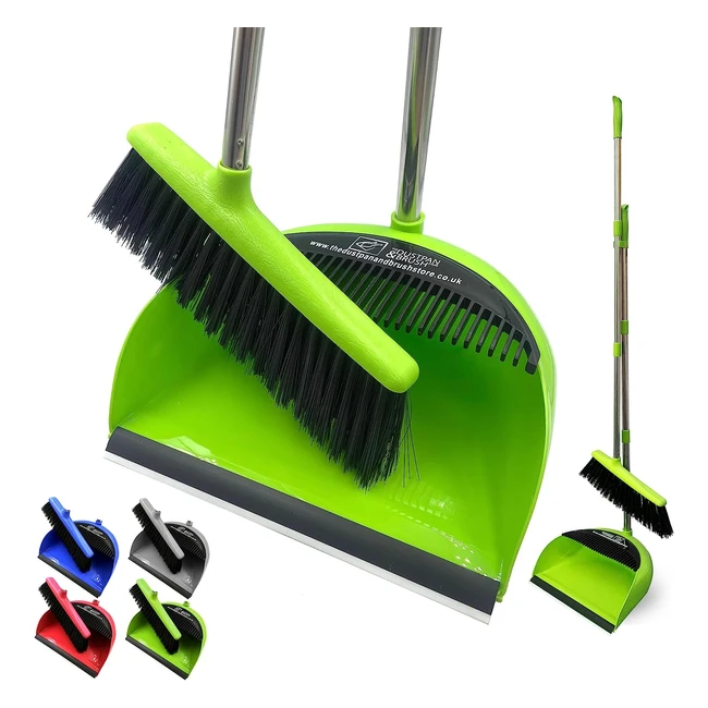 Long Handled Dustpan and Brush Set - Green - Easy Cleaning - No Bending - Soft Bristles