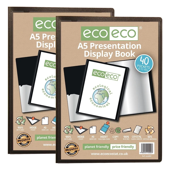 Pack de 2 libros ecoeco ECO002, tamaño A5, 50% reciclado, 40 bolsillos, color negro