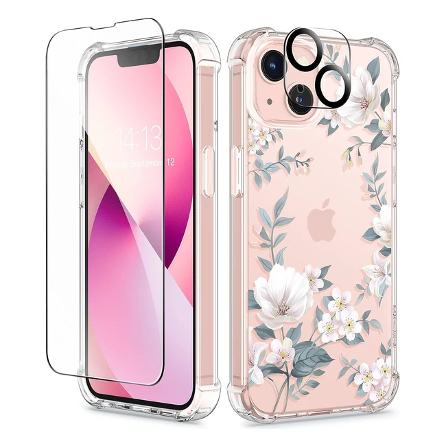 MagnoliaWhite iPhone 13 Case 61 Inch 2021 | Tempered Glass Screen Protector | Shockproof Soft Phone Cover