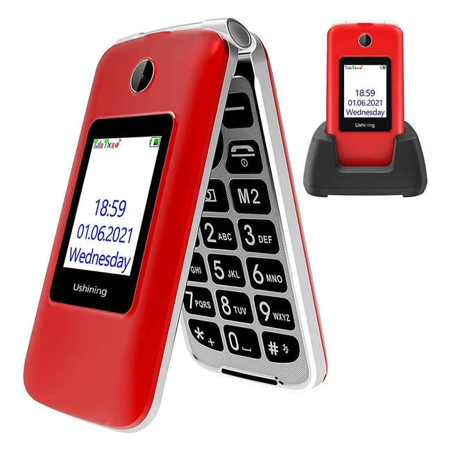 Téléphone Portable Senior à Clapet Débloqué - Grandes Touches - Basique - SOS - Siège de Charge - Rouge