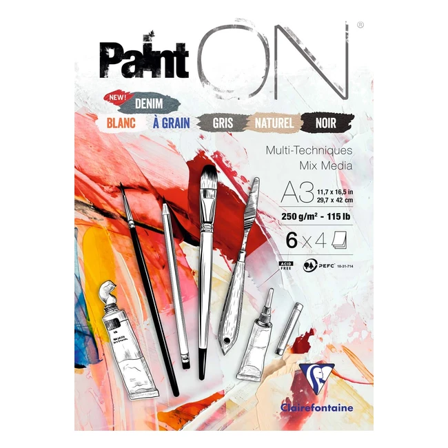 Clairefontaine 975411C Blocco Collato Painton Multitecnica - 24 Fogli Carta da Disegno Multitecnica Assortiti - A3 297x42 cm 250g
