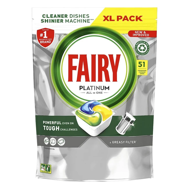 Fairy Platinum All-in-1 Dishwasher Tablets - Bulk 51 Tablets - Lemon XXL Pack - Greasy Filter & Rinse Aid Action