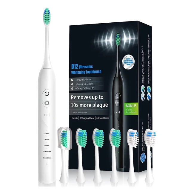 Cepillo de Dientes Eléctrico Recargable - 6 Cabezales de Repuesto - 5 Modos y 3 Intensidades - Temporizador Inteligente