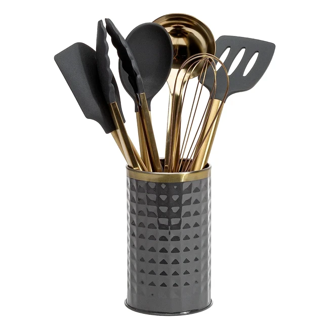 Paris Hilton Kitchen Set Tool Crock - Silicone Utensils, Whisk, Ladle - 7-Piece Gold Charcoal Gray