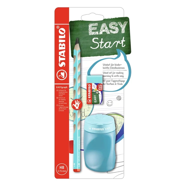 Kit scolaire pour droitier - Crayon Stabilo Easygraph HB - Taille-crayon - Gomme - Bleu