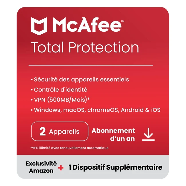 McAfee Total Protection 2023 - Antivirus et sécurité internet - VPN - 2+1 appareils - Abonnement d'un an