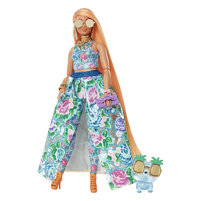 Barbie HHN14 Extra Fancy Puppe - Kurvige Barbie in blumigem Zweiteiligen Kleid mit einem Kätzchen, extra langem Haar und Accessoires - Spielzeug für Kinder ab 3 Jahren