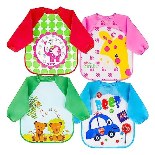Vicloon Waterproof Bibs with Sleeves - 4 Pack, Unisex Feeding Apron for Infants and Toddlers (6 Months to 3 Years)