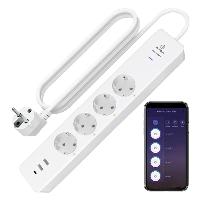 Regleta Inteligente WiFi Antela 3680W con 4 Enchufes+2 USB-A+1 USB-C