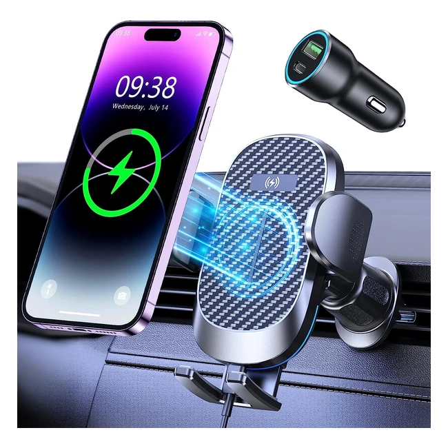 Glangeh Car Phone Holder Wireless Charger 15W Max - Automatic Coil Alignment - Compatible with iPhone 14 13 12 11 Pro Max