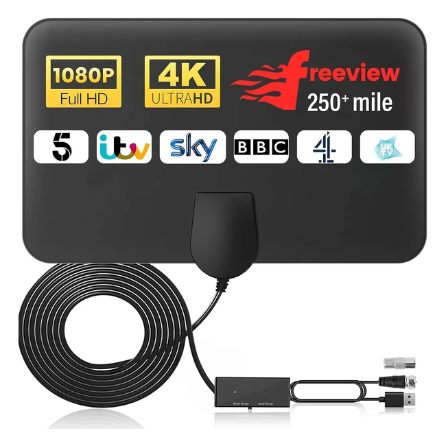 250 Miles Long Range Indoor TV Aerial - 4K1080p HD Amplified - Freeview - Signal Booster