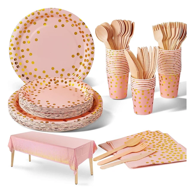 Vajilla de Fiesta Reutilizable 141 Piezas - Rosado con Puntos Dorados - Set de P