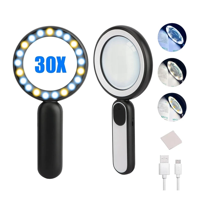 Loupe avec 21 LED, Loupe de lecture 30x, 3 modes d'éclairage, rechargeable USB - Idéale pour personnes âgées, enfants, bijoutiers et loisirs