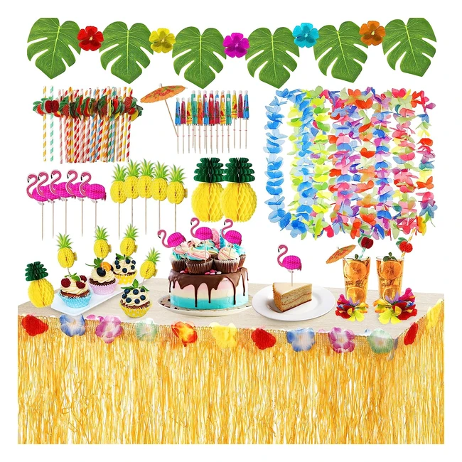 Tavolo Hawaiana - Set 12 Pezzi - Ghirlande, Foglie di Palma, Fiori Hawaiani - Cake Topper - Decorazioni da Tavola