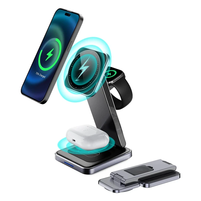 Chargeur sans fil pliable 3 en 1 pour iPhone et Apple Watch - Compatible avec iPhone 14/13/12, iWatch, AirPods - Noir