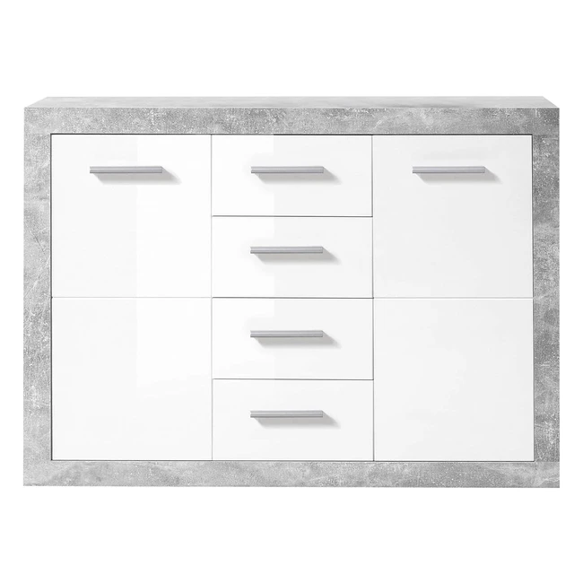 Stella Trading Stone Kommode, Beton Optik Weiß Hochglanz, 117x88x37 cm, Viel Stauraum