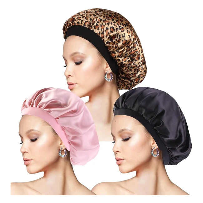 Bonnet Satin Cheveux Nuit - Doux et Confortable - Protection Cheveux Longs Bouclés - Noir Rose Léopard