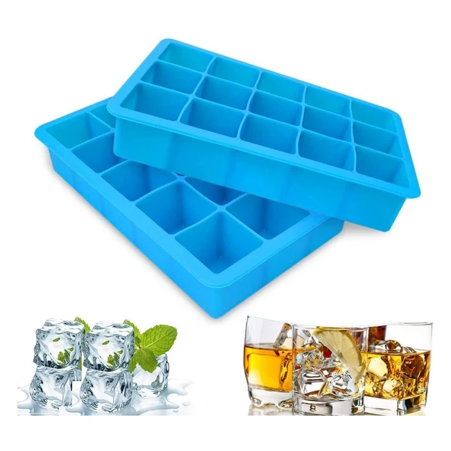Easy-Release Silicone Ice Cube Tray - 2 Packs - 15 Ice Cubes per Tray - Chocolate, Whiskey, Cocktails - Blue