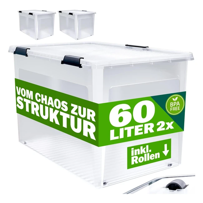 Deuba 2x 60L Scatole in Plastica Trasparente Senza BPA Contenitori con Coperchio Impilabili Ruote Cassette Salvaspazio