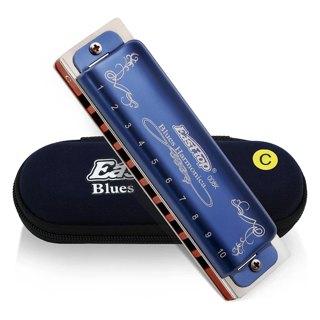 East Top Blues Harmonica in C10 Holes - Professional Diatonic Harmonica with Blue Case - T008K