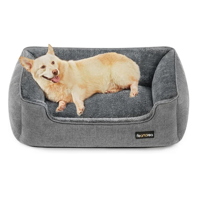 Feandrea Dog Bed Linenlook Pet Bed with Raised Edges, Non-Slip Bottom, Removable Washable Cover - L for Medium Dogs - 90x75x25cm - Light Grey